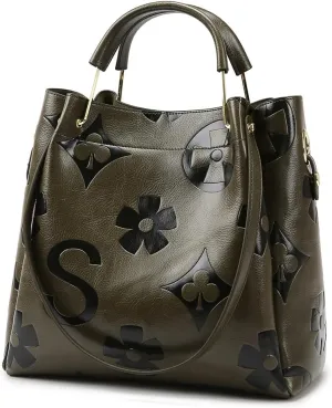Leather Bucket Bag for Women Vintage Floral Embossed Tote Bag Shoulder Handbag Large Top Handle Satchel Handbag Trendy Purse