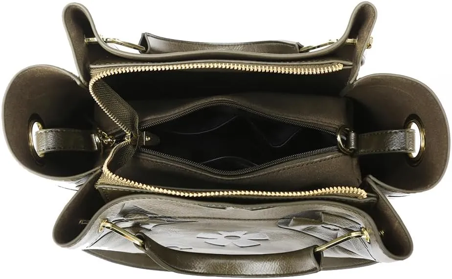 Leather Bucket Bag for Women Vintage Floral Embossed Tote Bag Shoulder Handbag Large Top Handle Satchel Handbag Trendy Purse