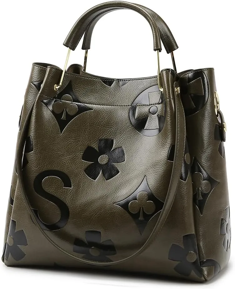 Leather Bucket Bag for Women Vintage Floral Embossed Tote Bag Shoulder Handbag Large Top Handle Satchel Handbag Trendy Purse
