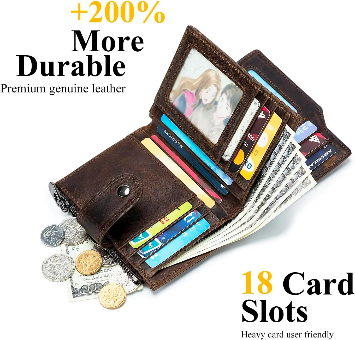 Leather Wallet for Men RFID Blocking Large Capacity Vertical Bifold Wallet with Zipper Coin Pocket 2 ID Windows & 18 Card Slots, Coffee