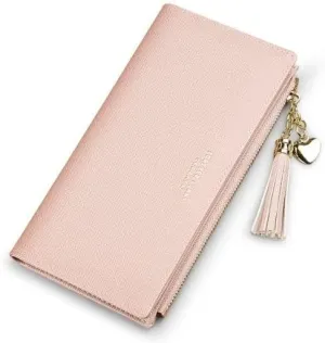 Leather Wallet Women's Pu Leather Wallet Long Large Capacity Zipper Purse Clutch for Ladies Girls Fashion Tassel Coin Holder Large Capacity (Pk,10x19cm)