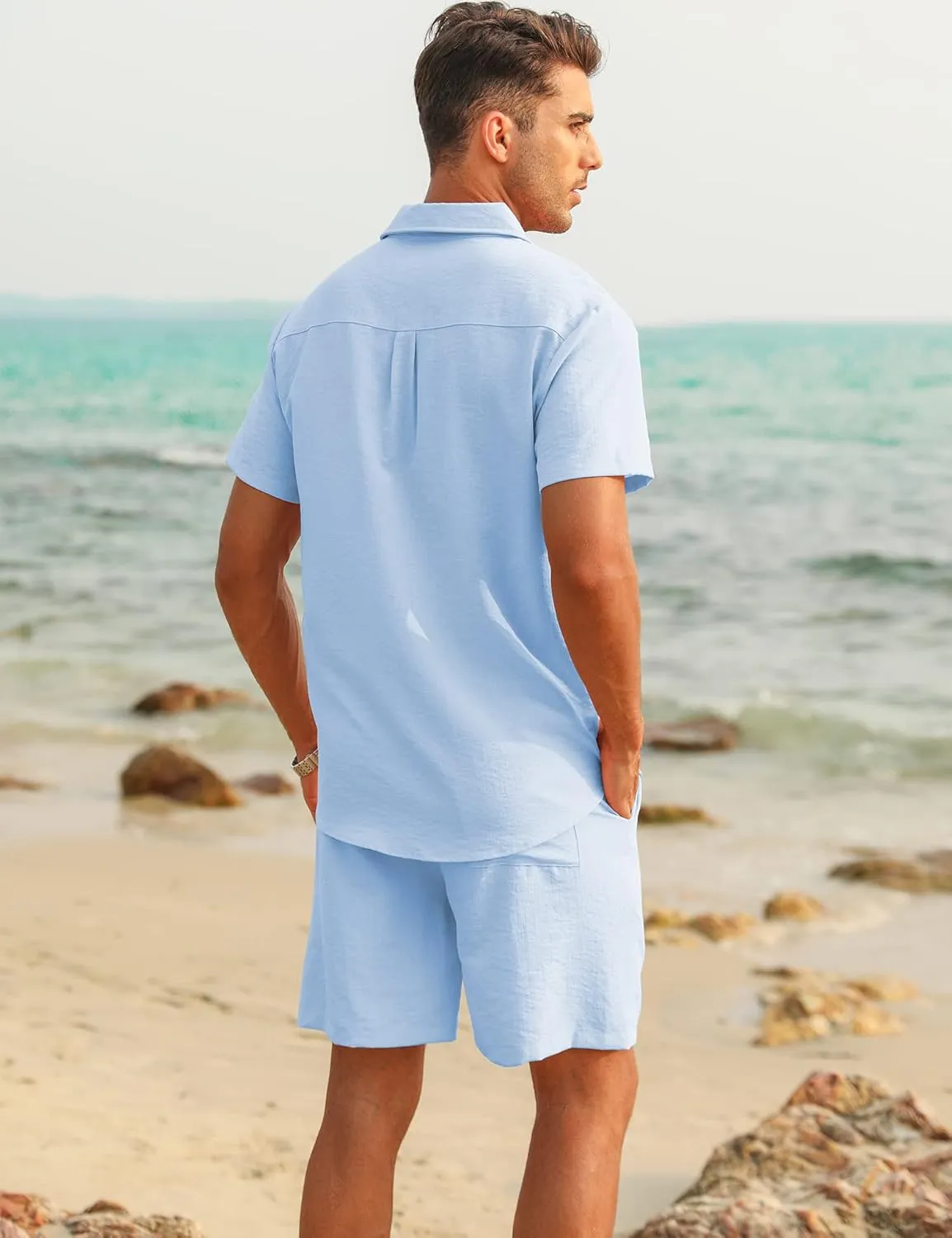 LecGee Linen Sets For Men Button Down Cuban Guayabera Shirt Shorts Set 2 Piece Linen Outfits