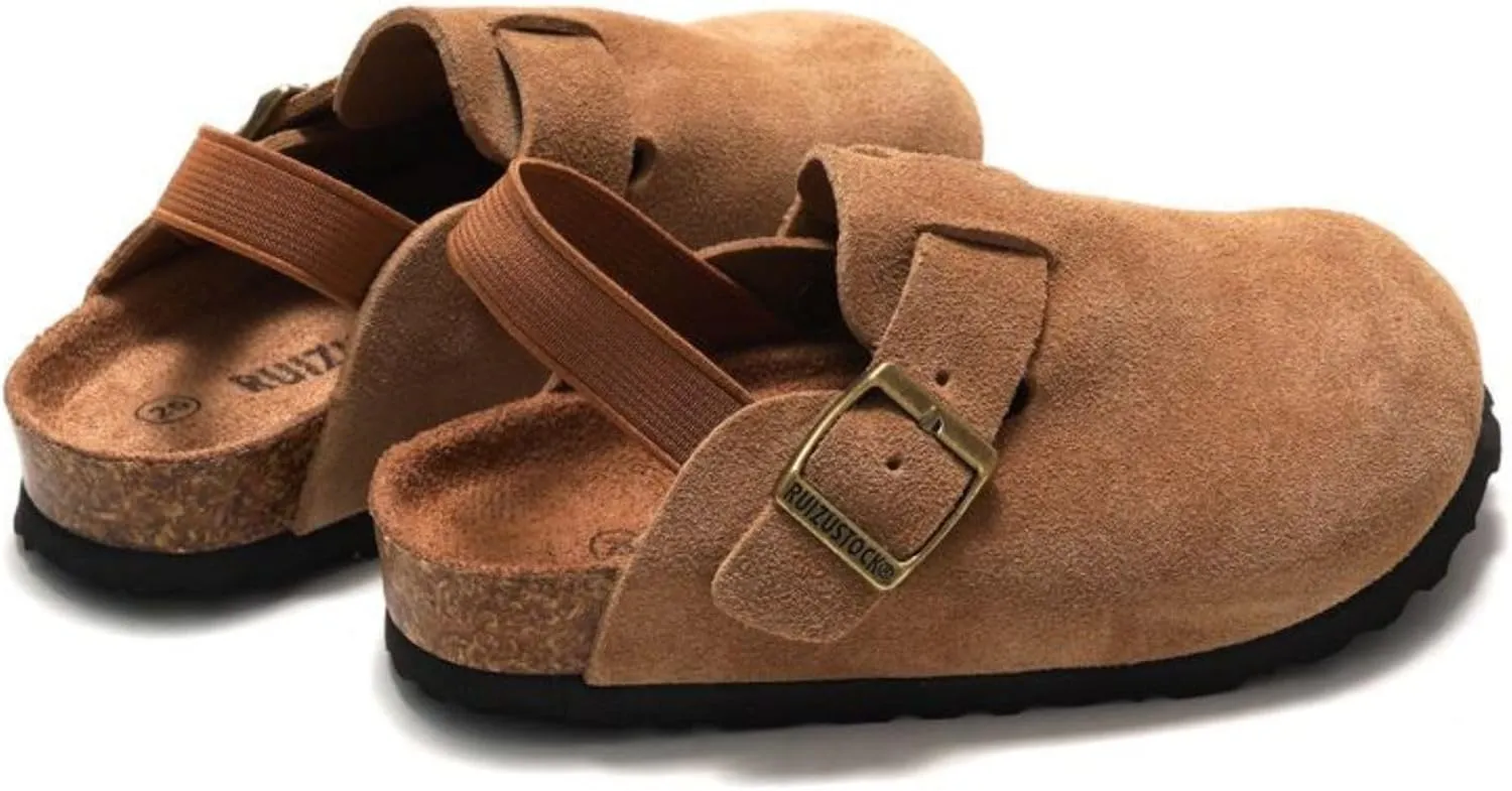 LEPHYON Toddler Clogs Kids Suede Clogs with Strap Boys Girls Sandals Cork Sole Adjustable Buckles Comfortable Slippers Slip-on Mules