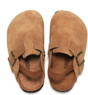 LEPHYON Toddler Clogs Kids Suede Clogs with Strap Boys Girls Sandals Cork Sole Adjustable Buckles Comfortable Slippers Slip-on Mules