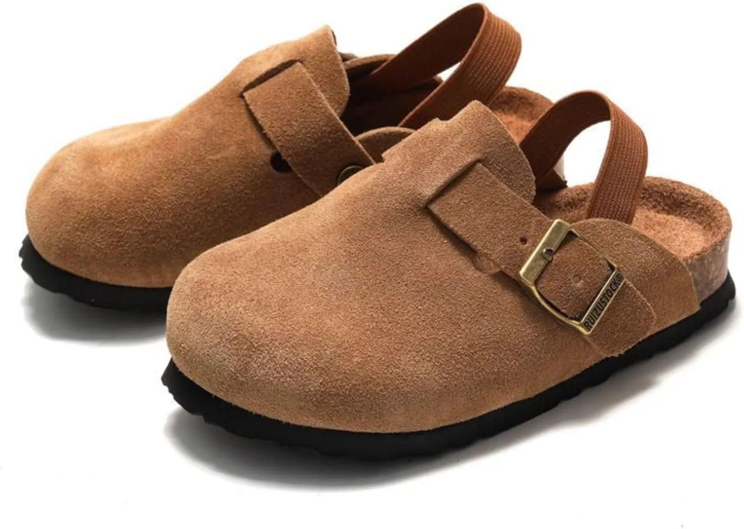 LEPHYON Toddler Clogs Kids Suede Clogs with Strap Boys Girls Sandals Cork Sole Adjustable Buckles Comfortable Slippers Slip-on Mules