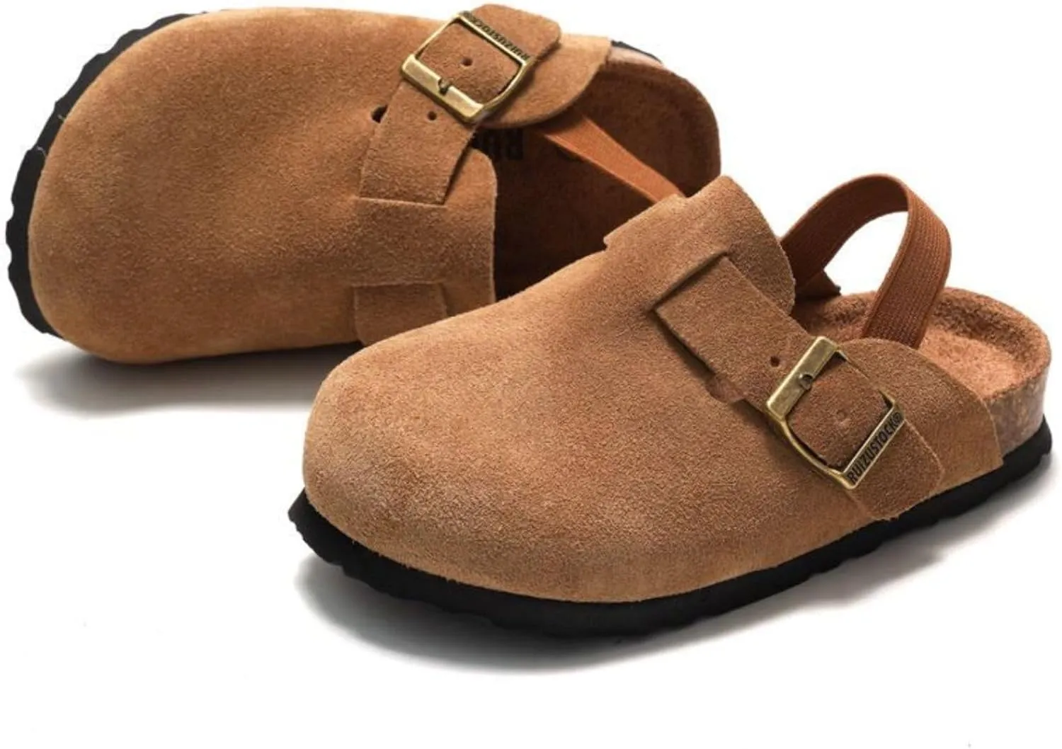 LEPHYON Toddler Clogs Kids Suede Clogs with Strap Boys Girls Sandals Cork Sole Adjustable Buckles Comfortable Slippers Slip-on Mules