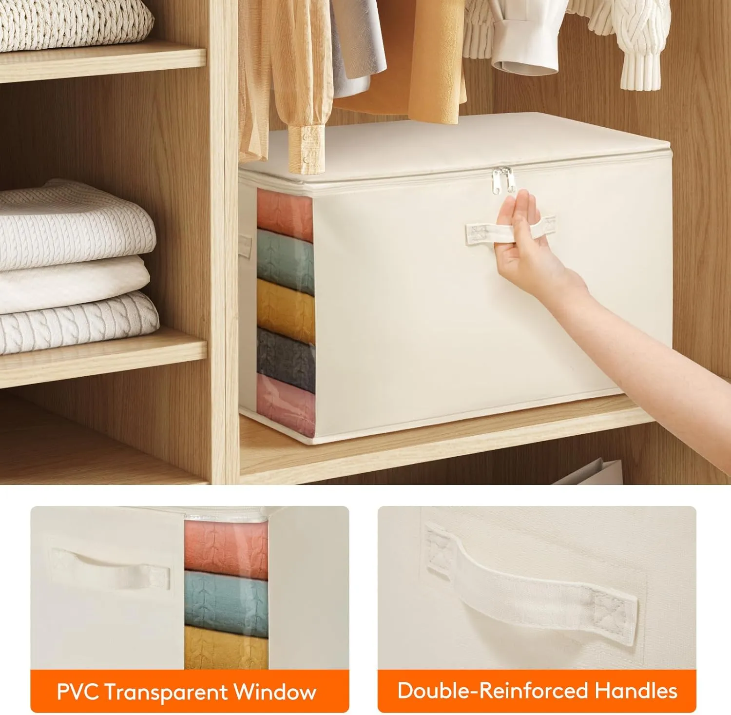 Lifewit 4 Pack Canvas Blanket Storage Bags for Clothes, 60L Cotton Linen Comforter Storage Organizer with Zipper and Three Sturdy Handles, Moving Bags Containers for Sweaters, Pillows, Duvets, Bedding