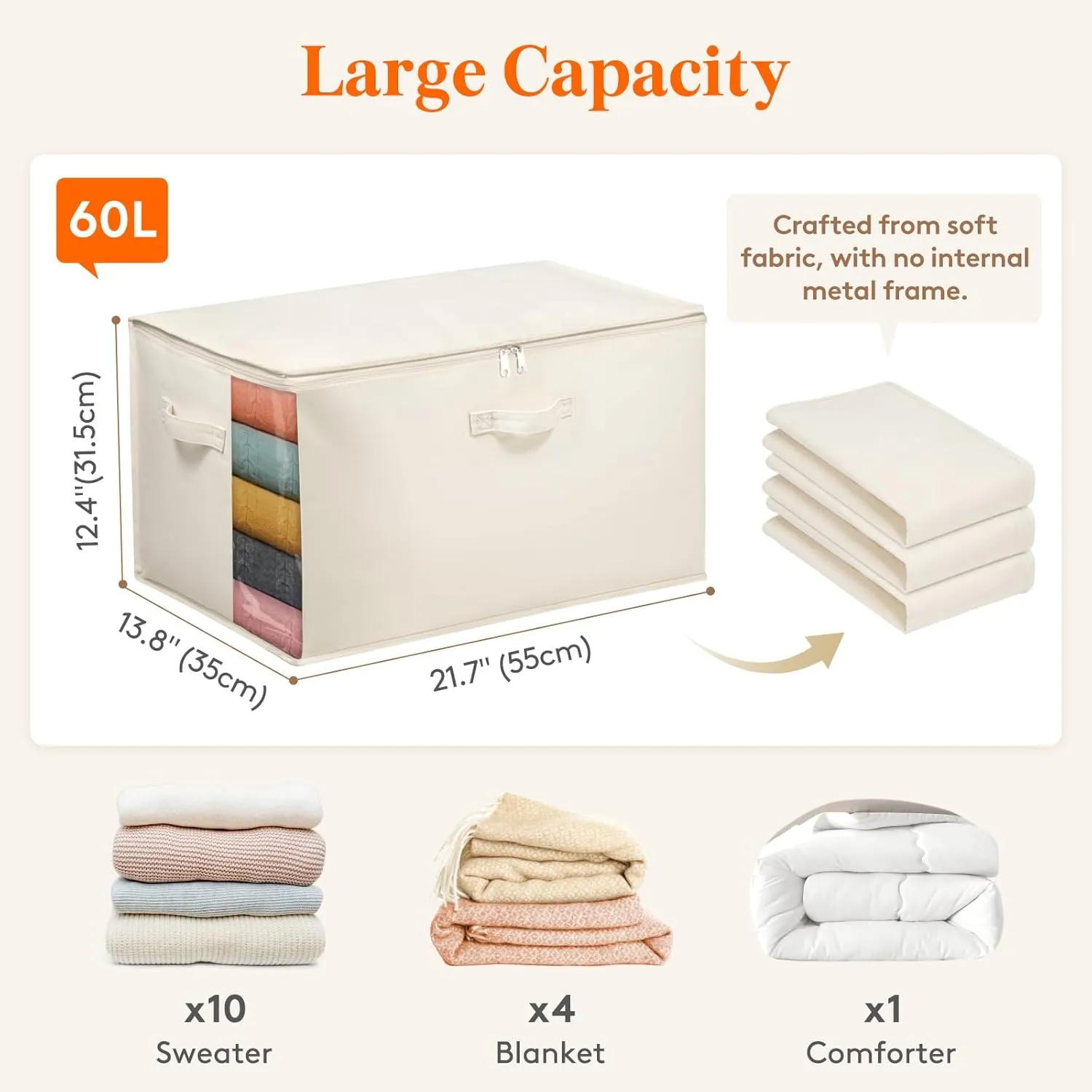 Lifewit 4 Pack Canvas Blanket Storage Bags for Clothes, 60L Cotton Linen Comforter Storage Organizer with Zipper and Three Sturdy Handles, Moving Bags Containers for Sweaters, Pillows, Duvets, Bedding