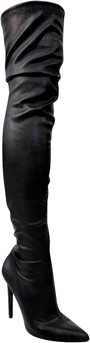 Liliana Women Faux Leather Pointy Toe Thigh High Single Sole Stiletto Boot