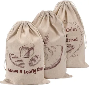 Linen Bread Bags, Bags for Homemade Breads, Pack of 3 Reusable Linen Bags for Sourdough, Natural Storage for Artisan Breads, Gift for Bread Makers, Bakers, Housewarming, Wedding Gifts
