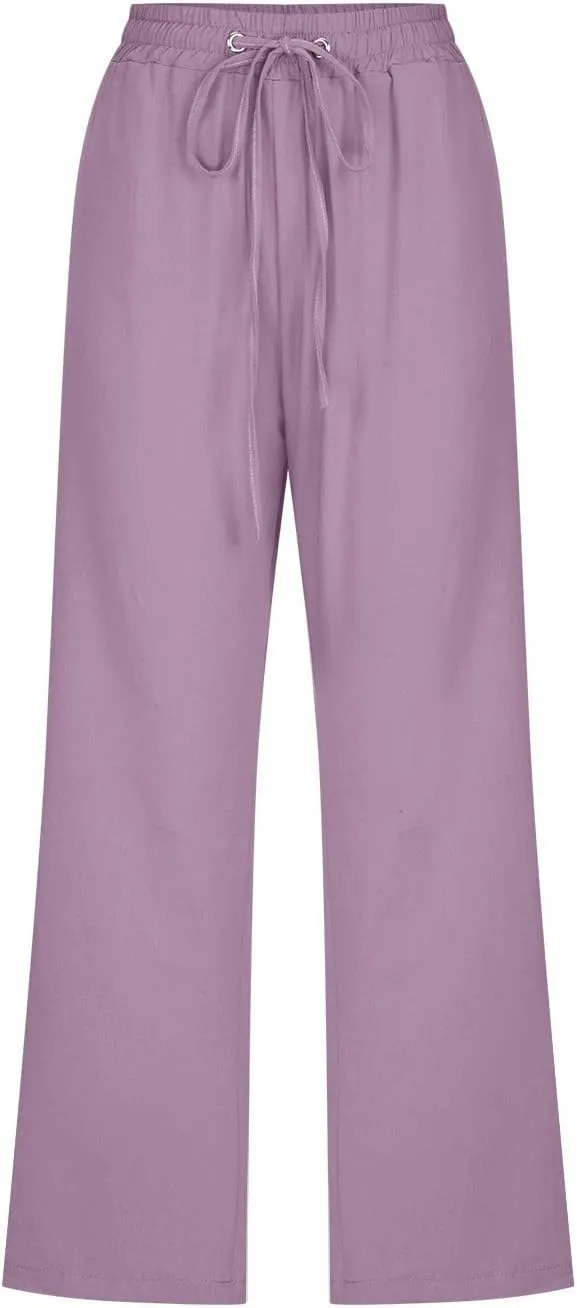 Linen Capri Pants for Women 2025 Summer Cropped Palazzo Pant Drawstring Elastic Waist Trousers Wide Leg Cotton Pants
