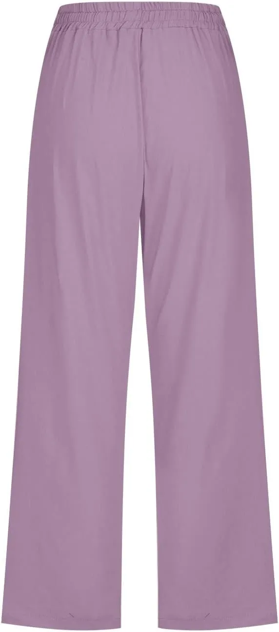 Linen Capri Pants for Women 2025 Summer Cropped Palazzo Pant Drawstring Elastic Waist Trousers Wide Leg Cotton Pants