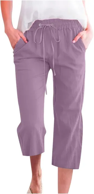 Linen Capri Pants for Women 2025 Summer Cropped Palazzo Pant Drawstring Elastic Waist Trousers Wide Leg Cotton Pants