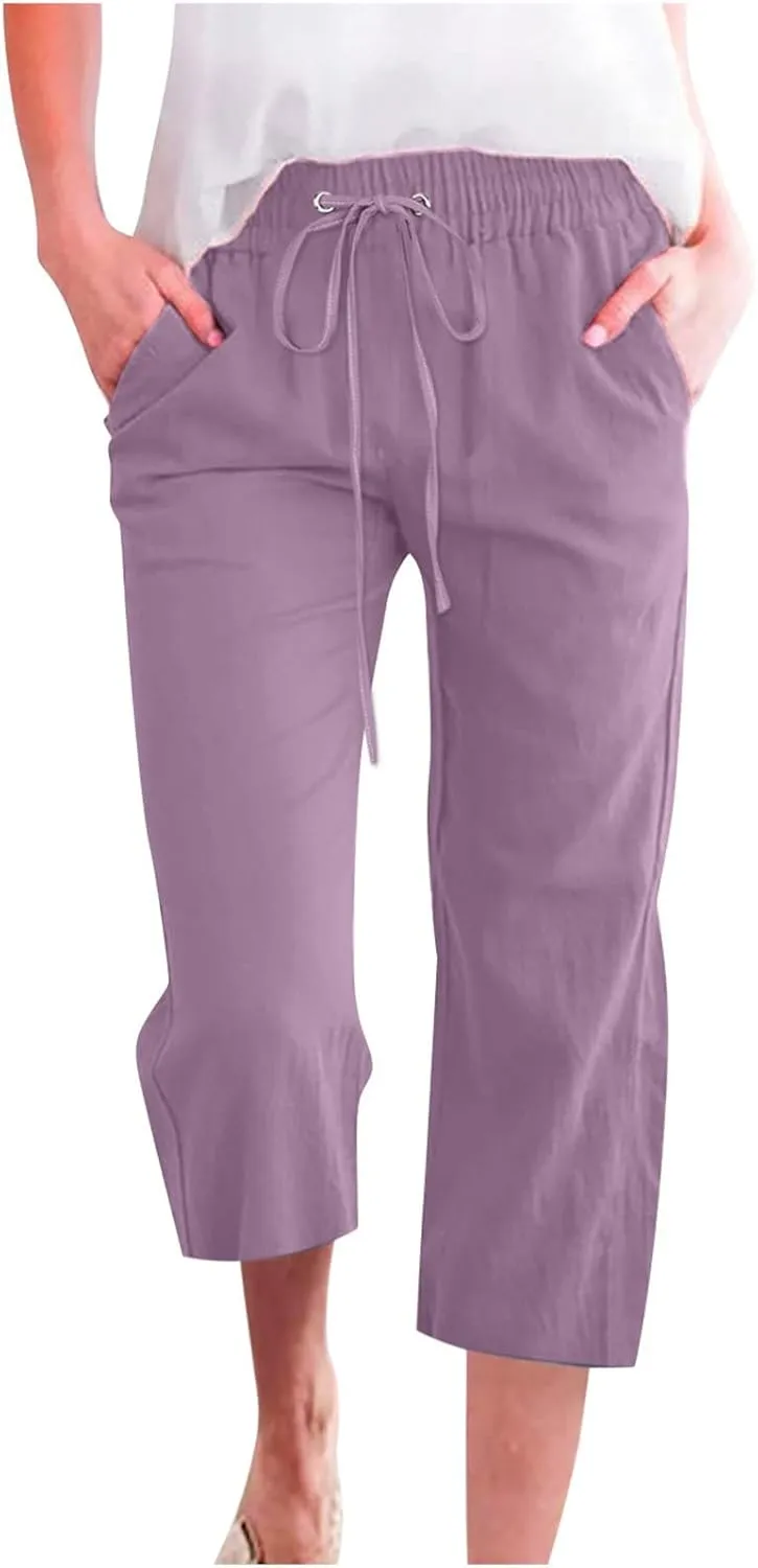Linen Capri Pants for Women 2025 Summer Cropped Palazzo Pant Drawstring Elastic Waist Trousers Wide Leg Cotton Pants