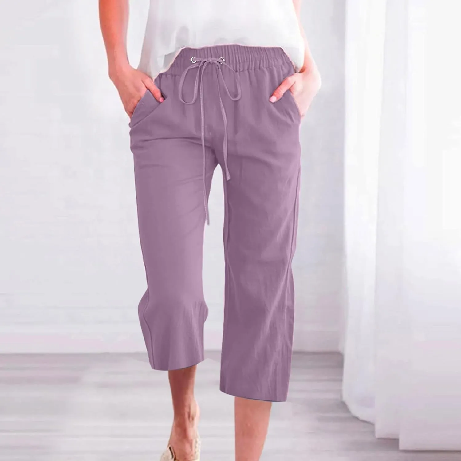 Linen Capri Pants for Women 2025 Summer Cropped Palazzo Pant Drawstring Elastic Waist Trousers Wide Leg Cotton Pants