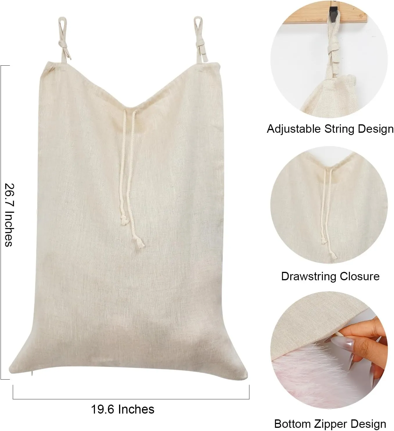 Linen Hanging Laundry Bag, Over The Door Laundry Hamper for Dirty Clothes, Drawstring Closure with Bottom Zipper, Linen