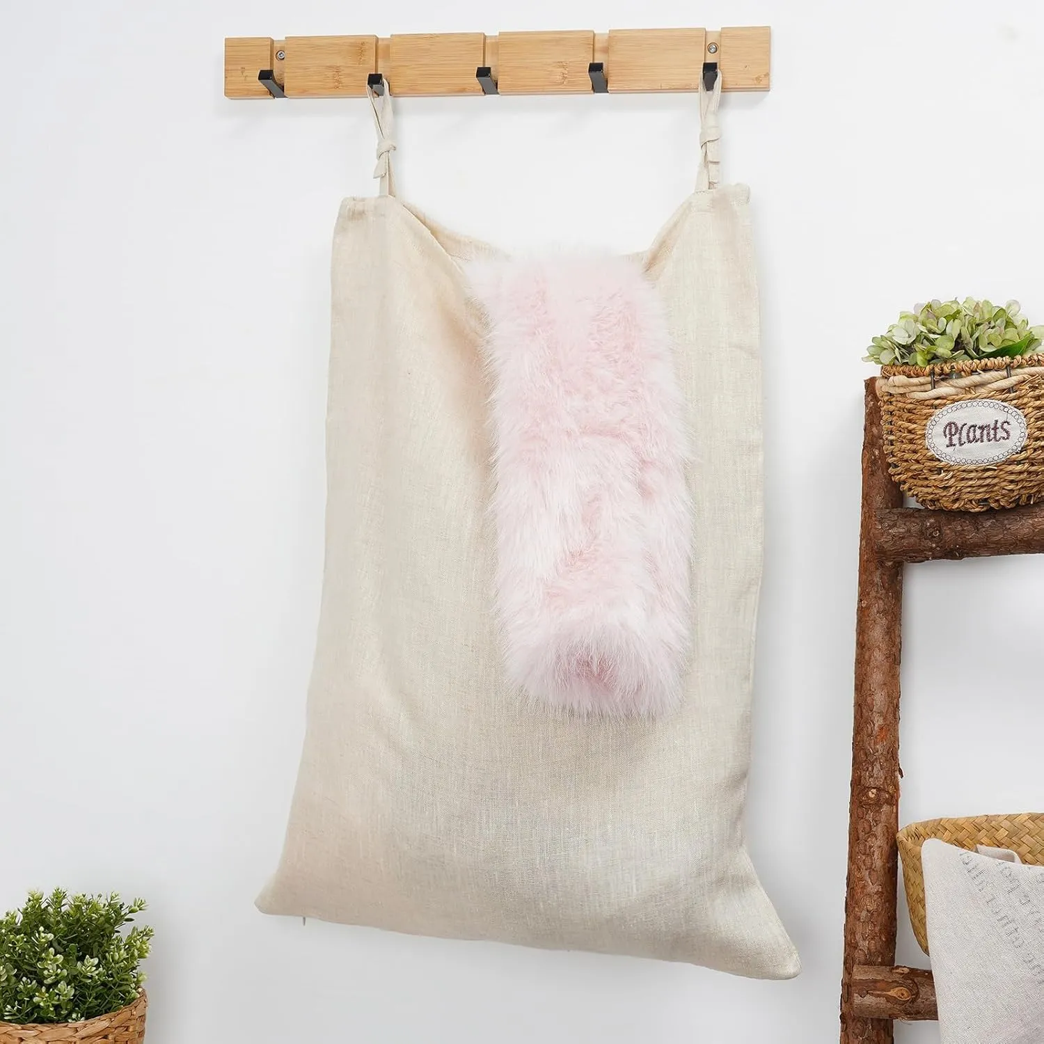 Linen Hanging Laundry Bag, Over The Door Laundry Hamper for Dirty Clothes, Drawstring Closure with Bottom Zipper, Linen