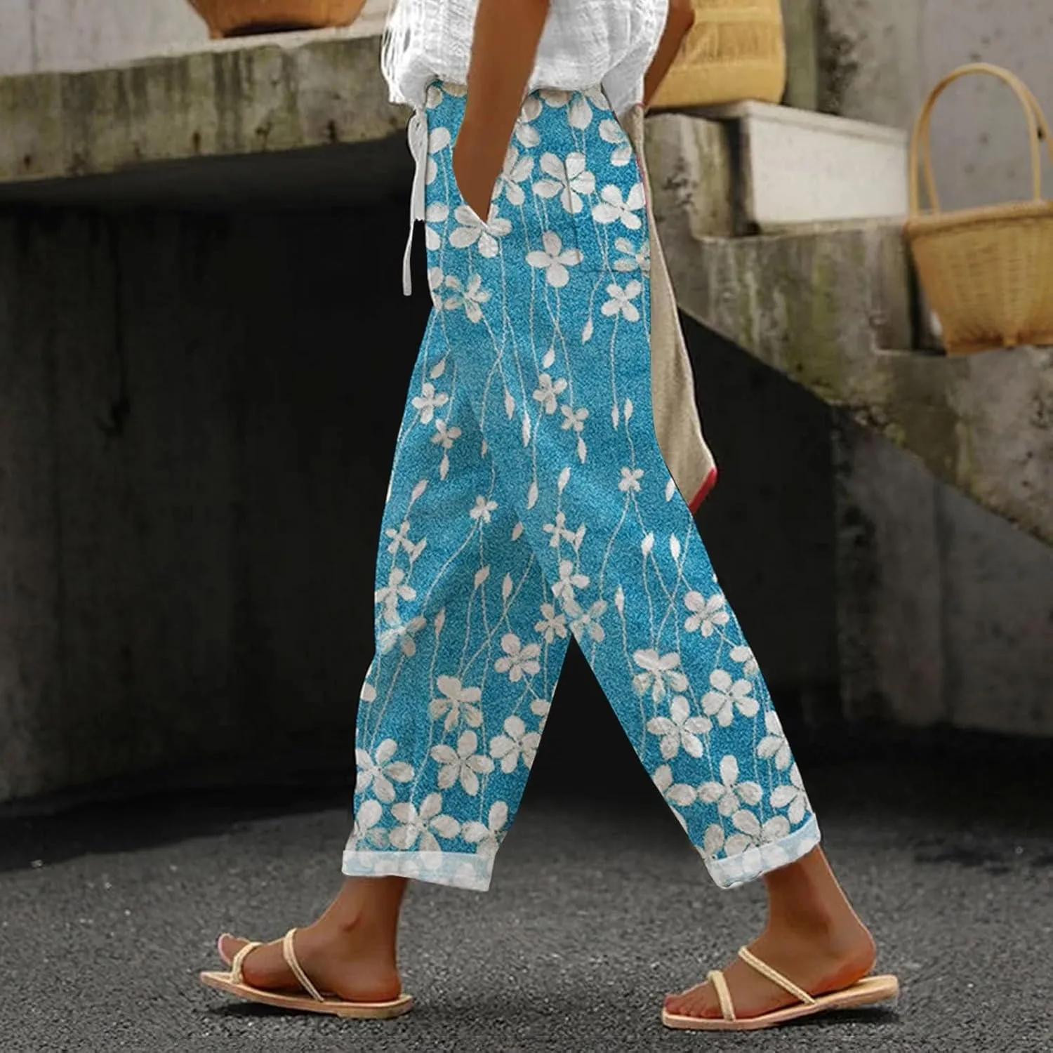 Linen Pants for Women 2025 Plus Size Summer Fashion Casual Pants Comfy Drawstring Elastic Waist Boho Beach Trouser