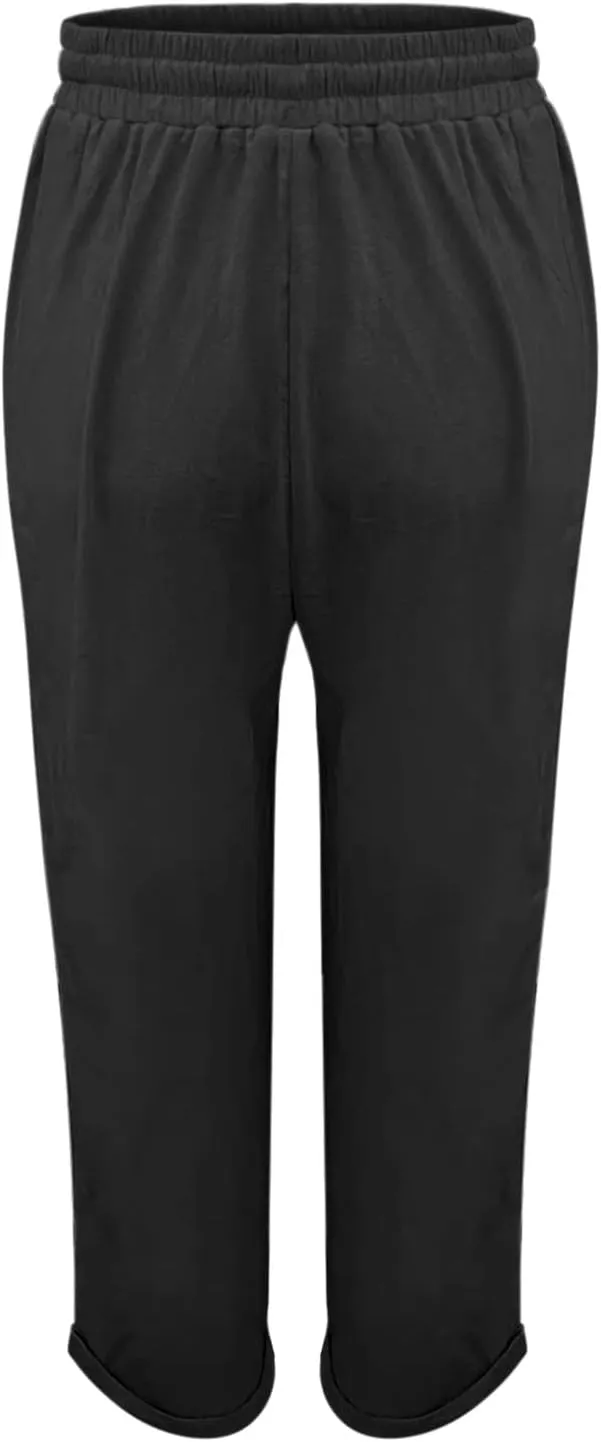 Linen Pants Womens Relaxed Fit Casual Vacation Cotton Linen Pant Trendy Drawstrings Lounge Trousers with Pockets