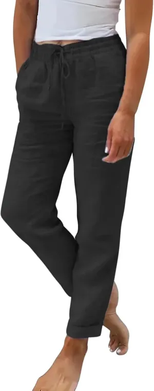 Linen Pants Womens Relaxed Fit Casual Vacation Cotton Linen Pant Trendy Drawstrings Lounge Trousers with Pockets