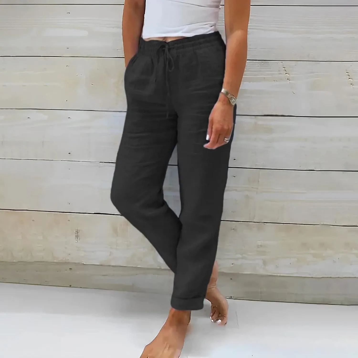 Linen Pants Womens Relaxed Fit Casual Vacation Cotton Linen Pant Trendy Drawstrings Lounge Trousers with Pockets