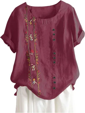 Linen Shirts for Women Summer Casual Short Sleeve Floral Tops Lightweight Boho Beach Dressy Shirt Trendy Blouse 2025