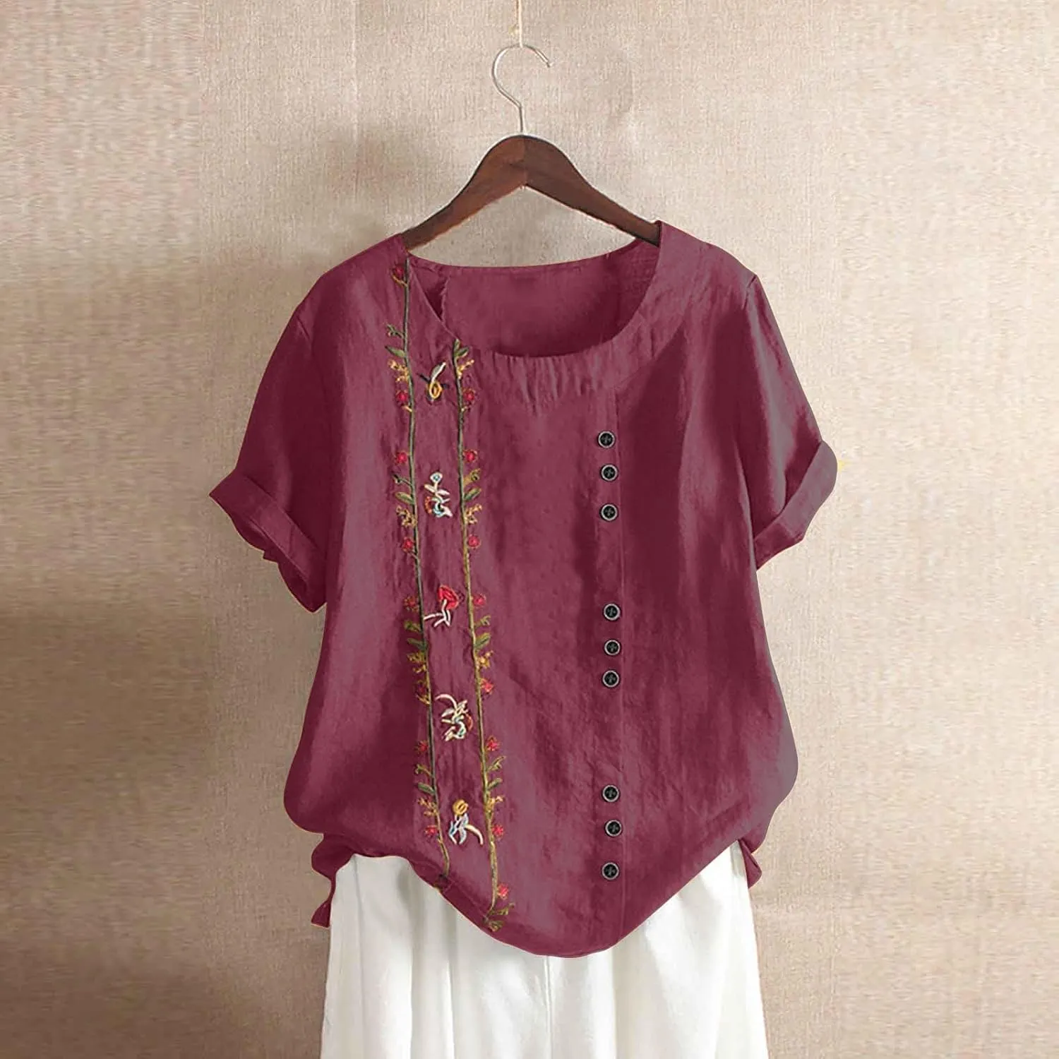 Linen Shirts for Women Summer Casual Short Sleeve Floral Tops Lightweight Boho Beach Dressy Shirt Trendy Blouse 2025