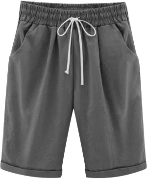 Linen Shorts for Women Plus Size Casual Drawstring Elastic Wide Leg Short Pants Summer Beach Outfits with Pockets
