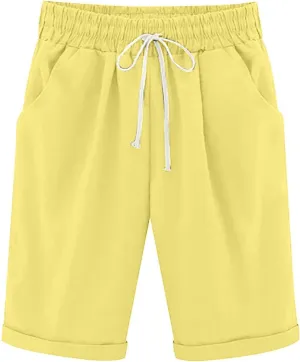 Linen Shorts for Women Plus Size Casual Drawstring Elastic Wide Leg Short Pants Summer Beach Outfits with Pockets
