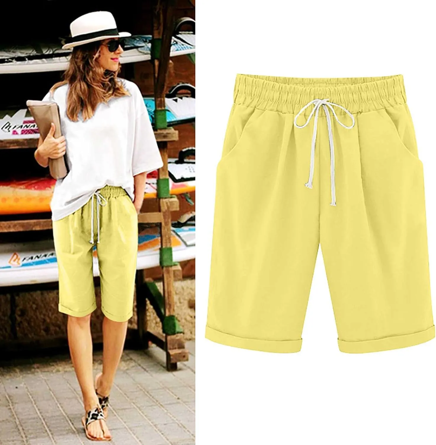 Linen Shorts for Women Plus Size Casual Drawstring Elastic Wide Leg Short Pants Summer Beach Outfits with Pockets