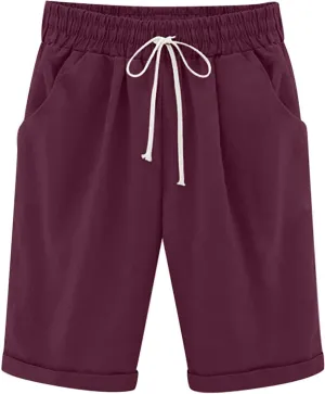 Linen Shorts for Women Plus Size Casual Drawstring Elastic Wide Leg Short Pants Summer Beach Outfits with Pockets