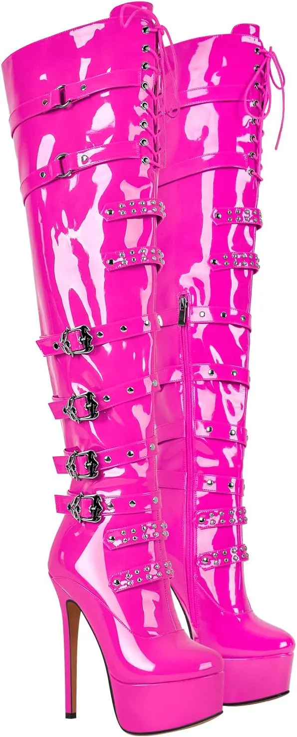 LISHAN Women's Platform High Heels Thigh High Boots Lace Up Stilettos