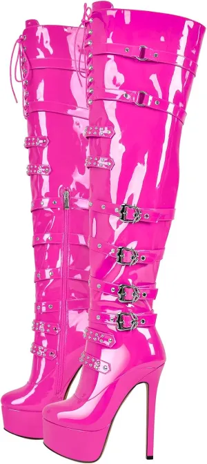 LISHAN Women's Platform High Heels Thigh High Boots Lace Up Stilettos