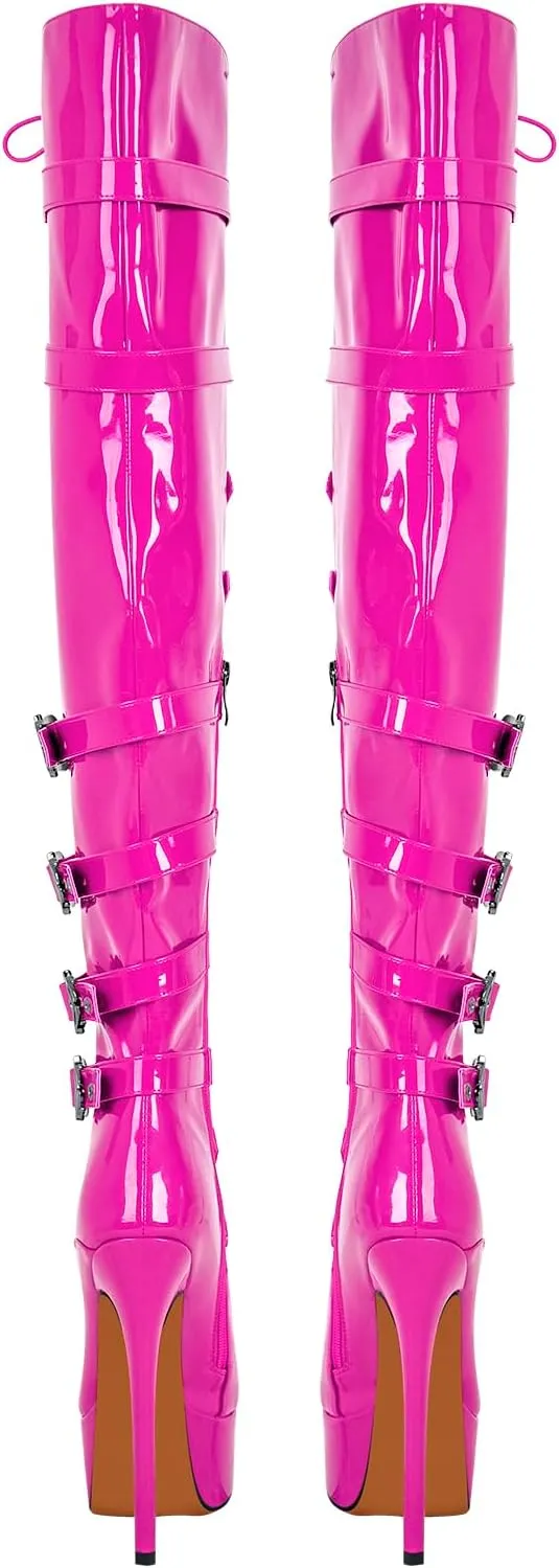 LISHAN Women's Platform High Heels Thigh High Boots Lace Up Stilettos