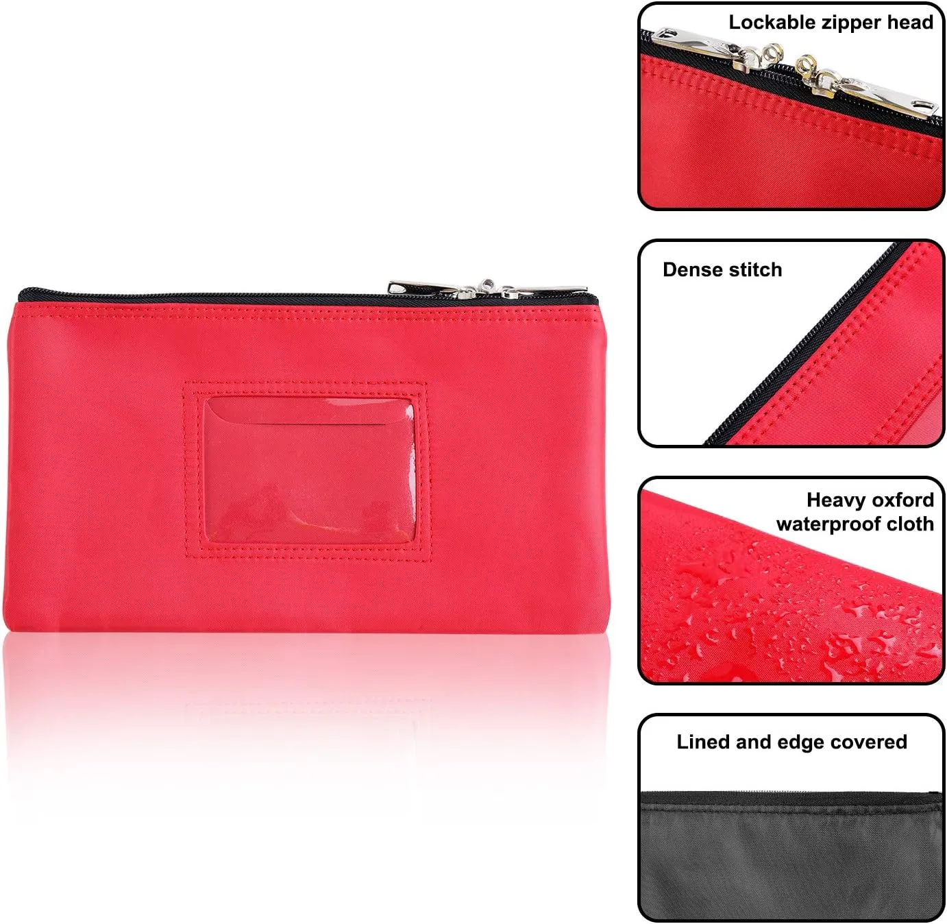 Lockable Bank Deposit Bag with Upgraded Zipper, Multi-Purpose Storage Zipper Pouch (Red)