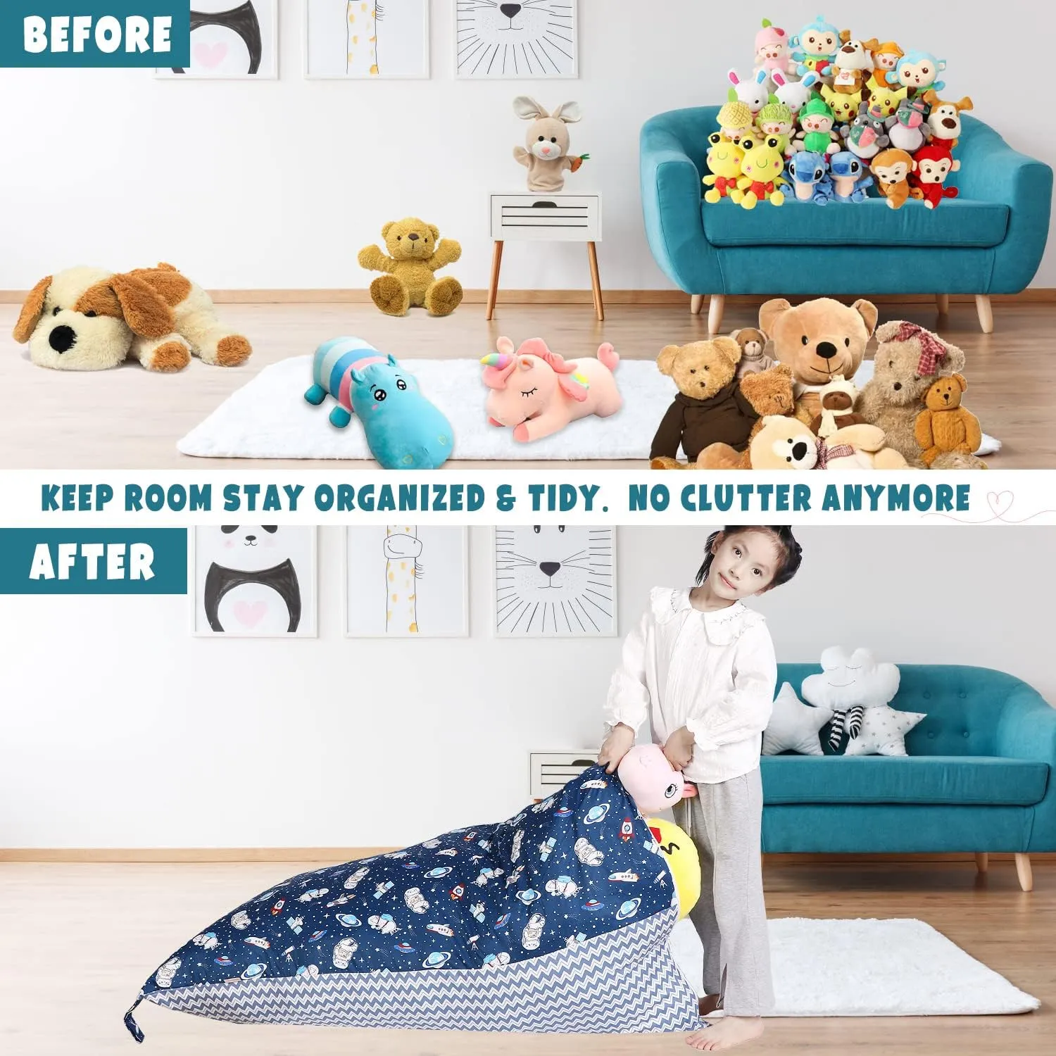 LOLOMLO Stuffed Animal Storage Bean Bag Chair Cover, Cotton Blue Universe Plush Toy Storage Stuff and Sit Seat for Kids/Teens/Adults, 52" x 31" Extra Large Triangle Floor Sofa, 200L/52Gal, Cover Only