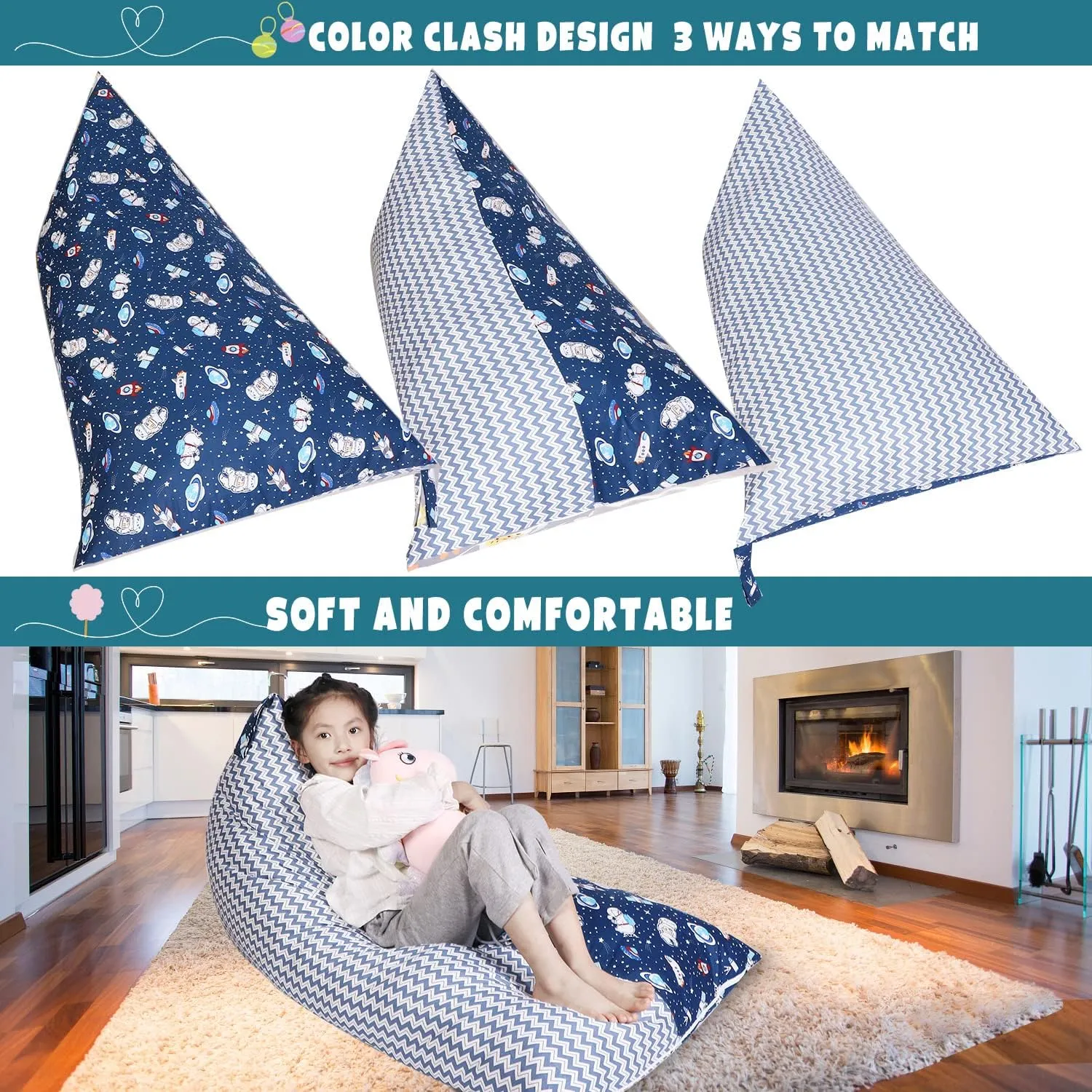 LOLOMLO Stuffed Animal Storage Bean Bag Chair Cover, Cotton Blue Universe Plush Toy Storage Stuff and Sit Seat for Kids/Teens/Adults, 52" x 31" Extra Large Triangle Floor Sofa, 200L/52Gal, Cover Only