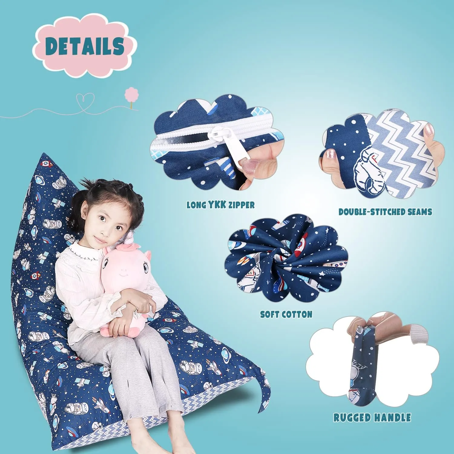 LOLOMLO Stuffed Animal Storage Bean Bag Chair Cover, Cotton Blue Universe Plush Toy Storage Stuff and Sit Seat for Kids/Teens/Adults, 52" x 31" Extra Large Triangle Floor Sofa, 200L/52Gal, Cover Only