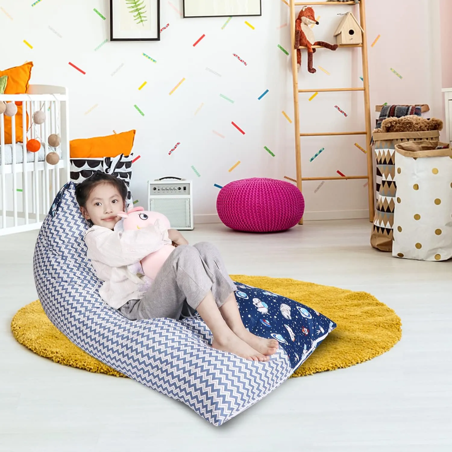 LOLOMLO Stuffed Animal Storage Bean Bag Chair Cover, Cotton Blue Universe Plush Toy Storage Stuff and Sit Seat for Kids/Teens/Adults, 52" x 31" Extra Large Triangle Floor Sofa, 200L/52Gal, Cover Only