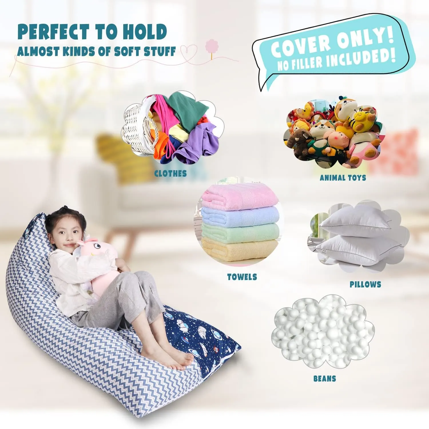 LOLOMLO Stuffed Animal Storage Bean Bag Chair Cover, Cotton Blue Universe Plush Toy Storage Stuff and Sit Seat for Kids/Teens/Adults, 52" x 31" Extra Large Triangle Floor Sofa, 200L/52Gal, Cover Only