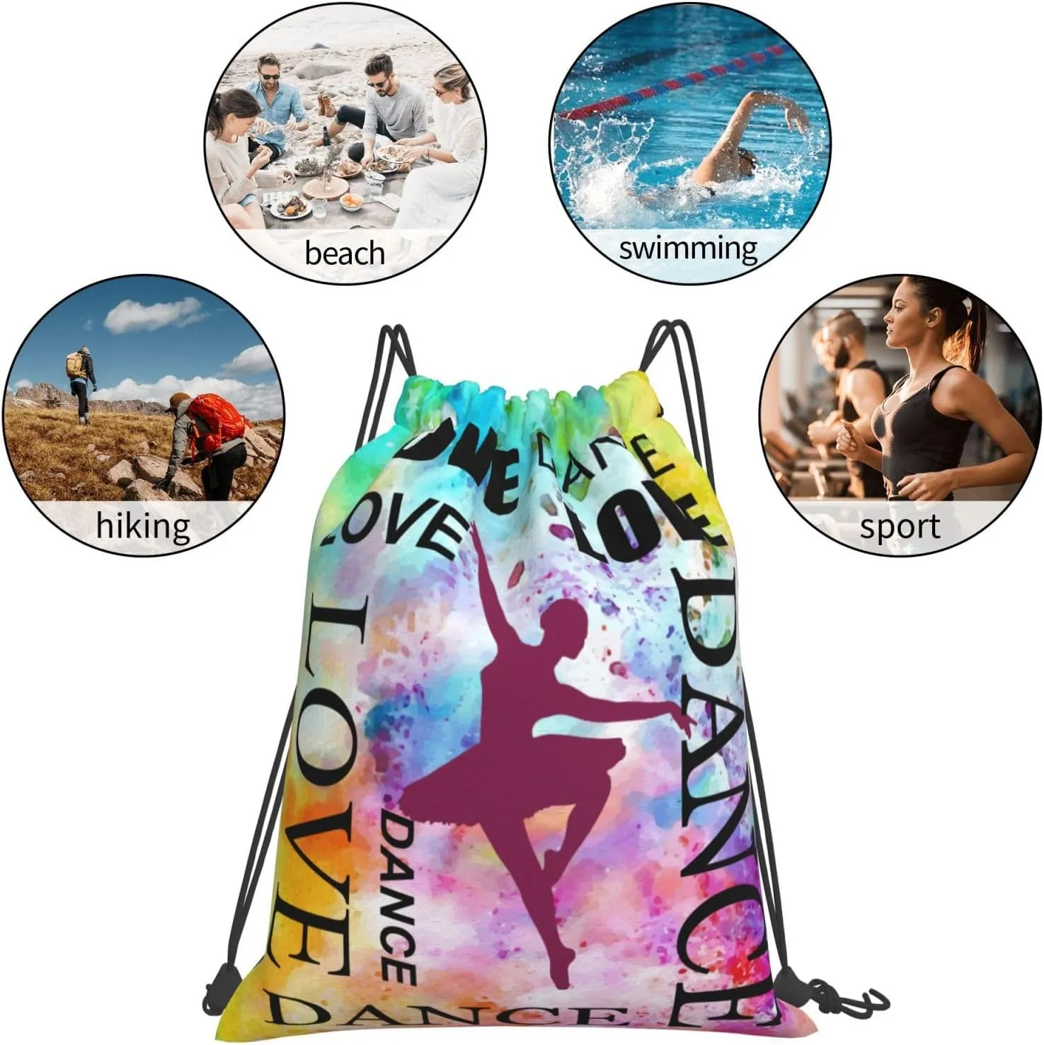 Love dance Drawstring Backpack Waterproof Sports String Bag Adjustable Lightweight Gym Dance Sackpack for Women Men Boys Girls