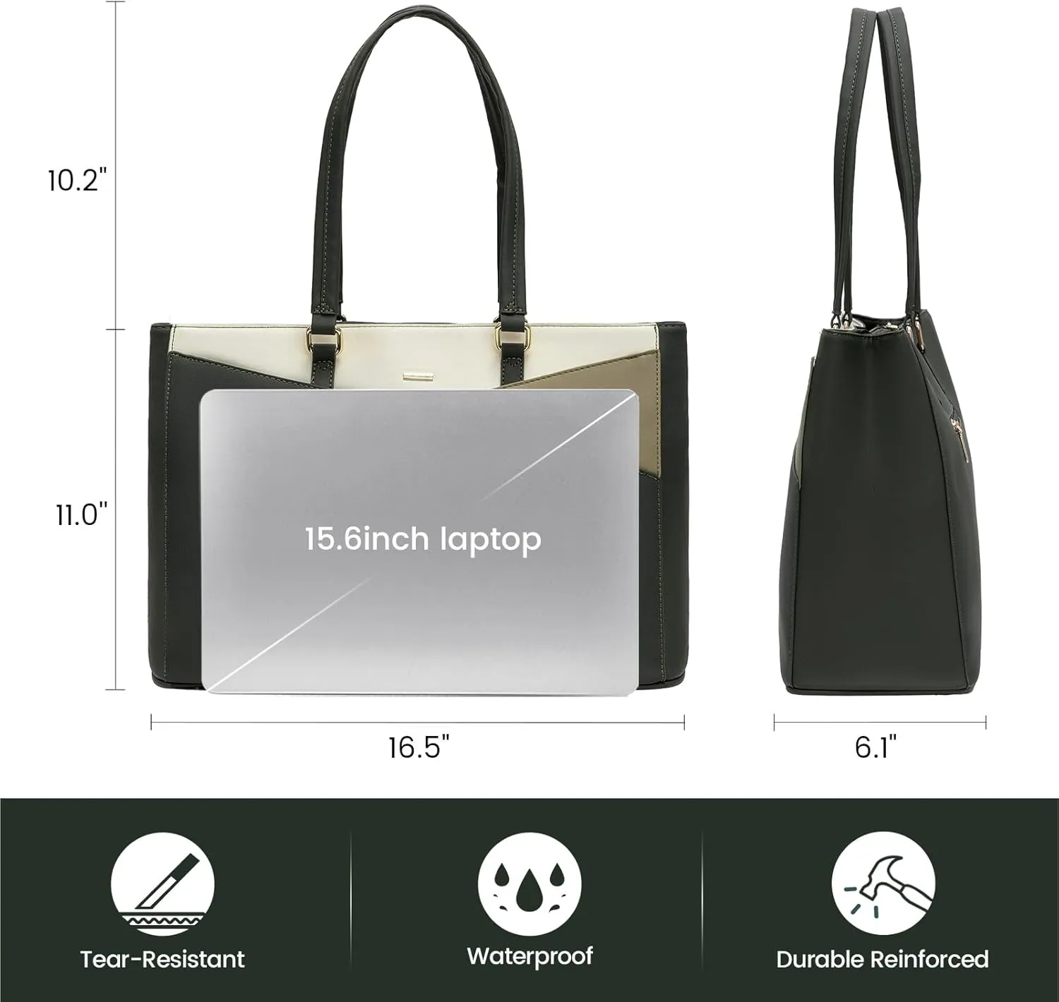 LOVEVOOK Laptop Bag for Women, 15.6 inch Laptop Tote Work Teacher Bags Cancas Computer Shoulder Bag,Dark Green/Olive green/Off white