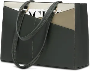 LOVEVOOK Laptop Bag for Women, 15.6 inch Laptop Tote Work Teacher Bags Cancas Computer Shoulder Bag,Dark Green/Olive green/Off white