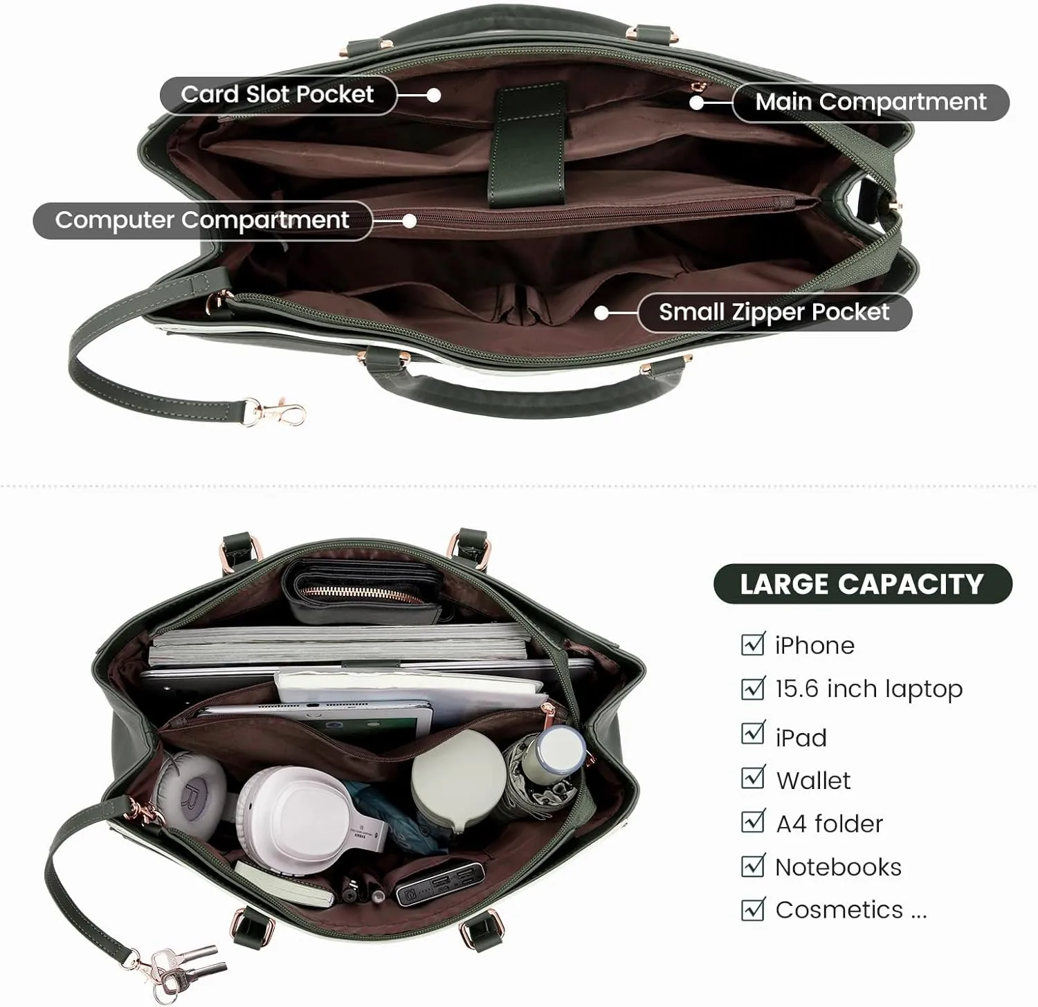 LOVEVOOK Laptop Bag for Women, 15.6 inch Laptop Tote Work Teacher Bags Cancas Computer Shoulder Bag,Dark Green/Olive green/Off white