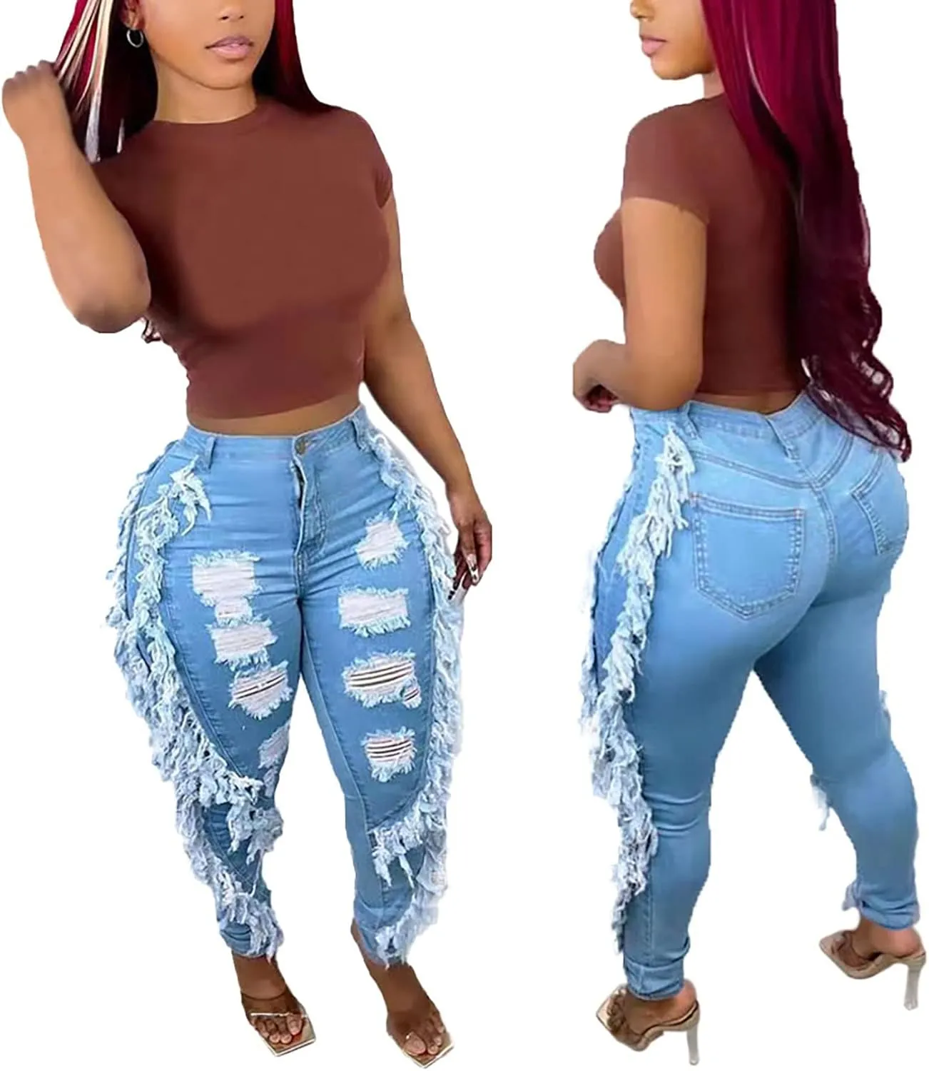 Lucuna Women's High Waisted Ripped Jeans Cut Out Destroyed Frayed Tassels Distressed Denim Pants