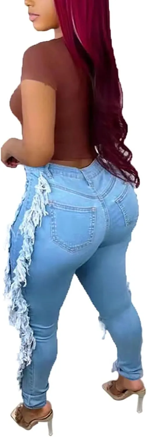 Lucuna Women's High Waisted Ripped Jeans Cut Out Destroyed Frayed Tassels Distressed Denim Pants