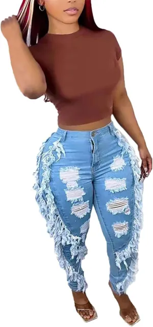 Lucuna Women's High Waisted Ripped Jeans Cut Out Destroyed Frayed Tassels Distressed Denim Pants