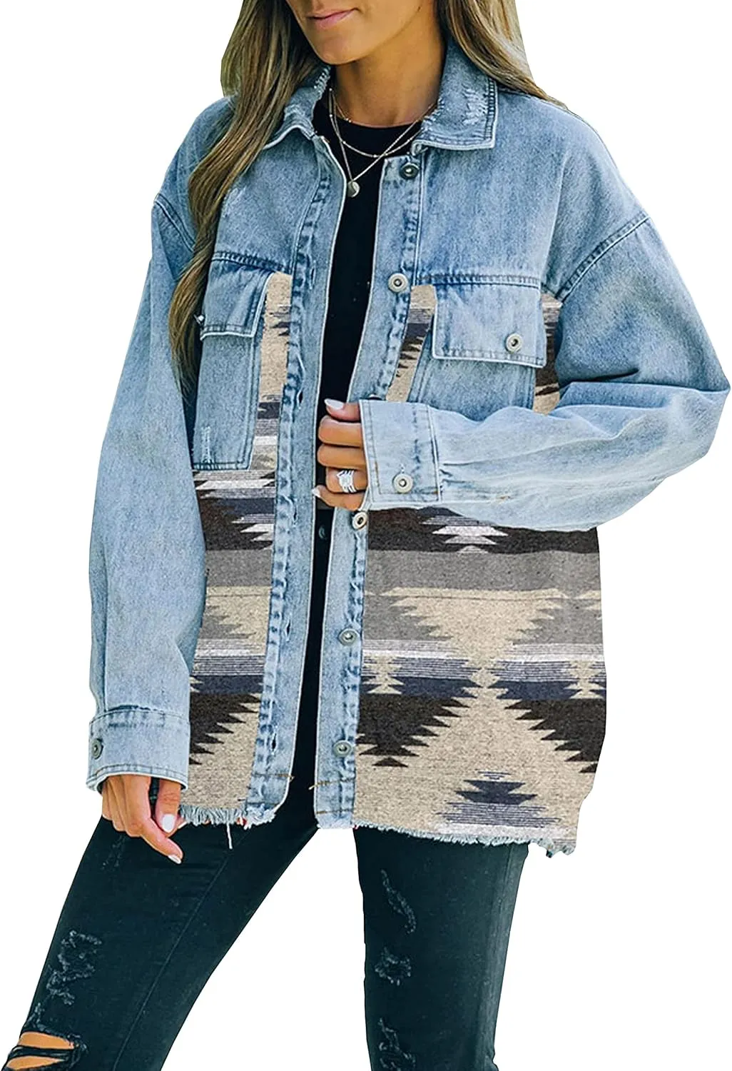 Lumister Women's Aztec Denim Jacket Distressed Lapel Long Sleeve Vintage Button Down Denim Jacket Shacket