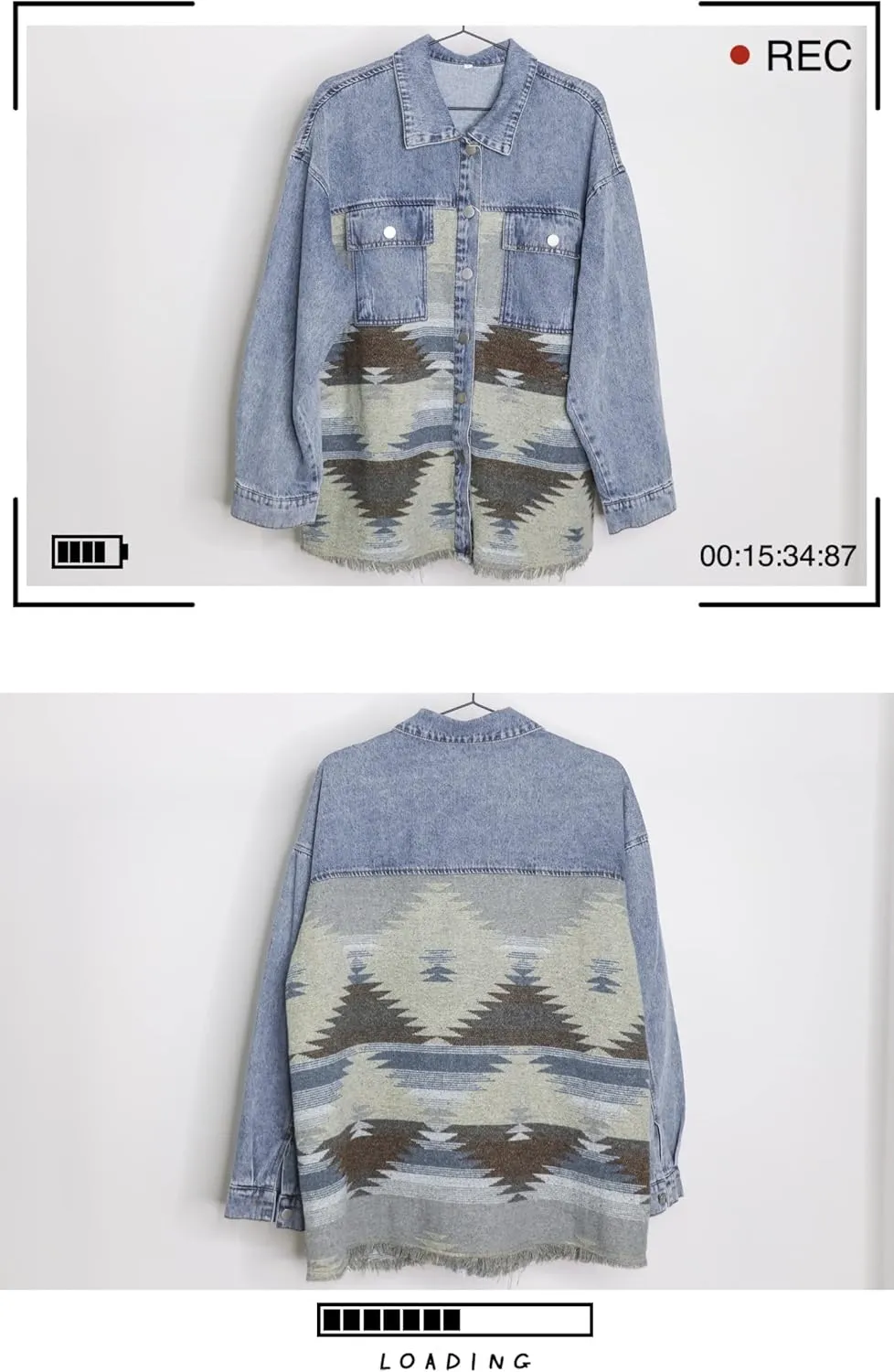 Lumister Women's Aztec Denim Jacket Distressed Lapel Long Sleeve Vintage Button Down Denim Jacket Shacket