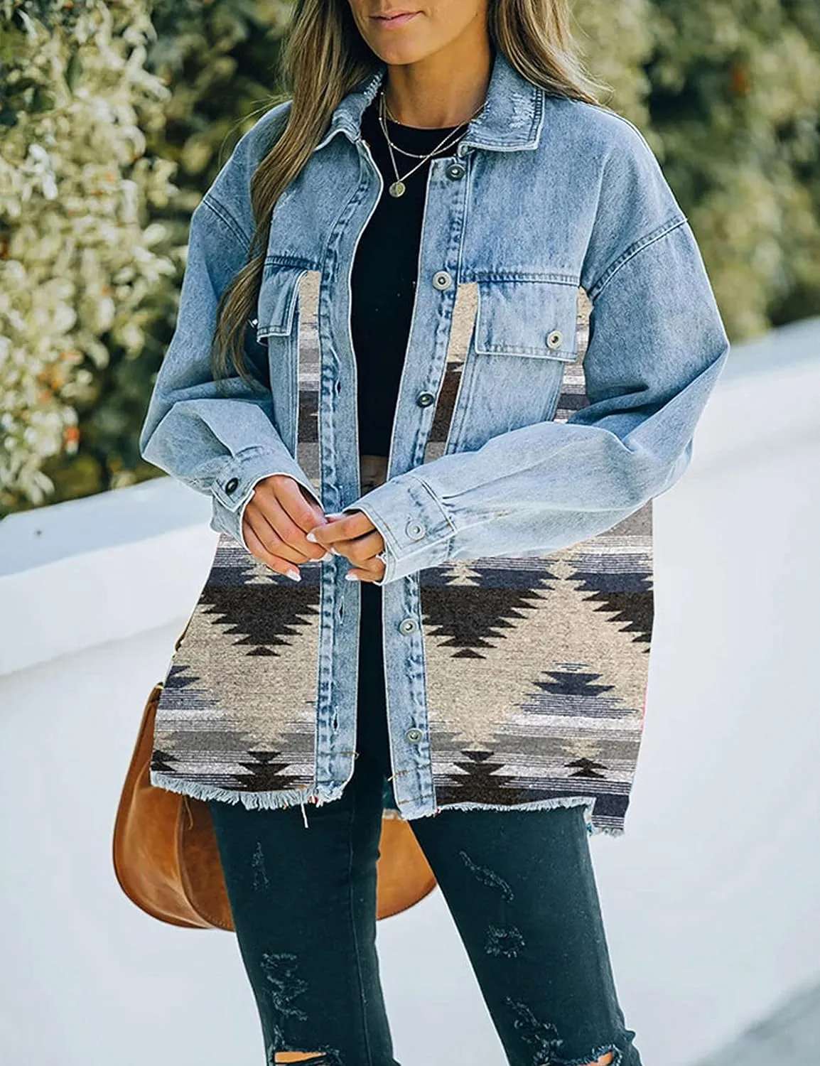 Lumister Women's Aztec Denim Jacket Distressed Lapel Long Sleeve Vintage Button Down Denim Jacket Shacket